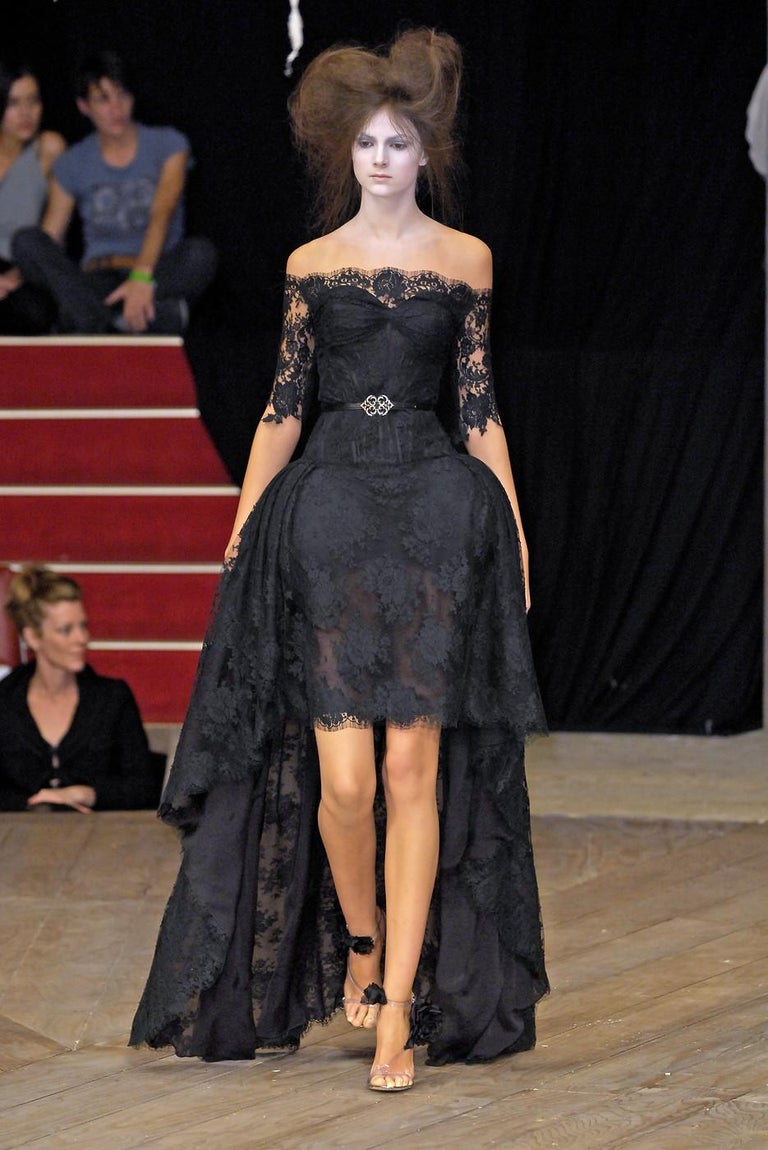 alexander mcqueen black lace dress 2010 Alexander McQueen Black Crepe & Sheer Illusion Lace High-Low Gown