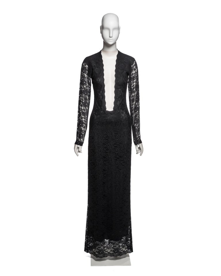 Alexander McQueen Black Lace Evening Dress with Plunging Neckline, FW 1998 For Sale at 1stDibs