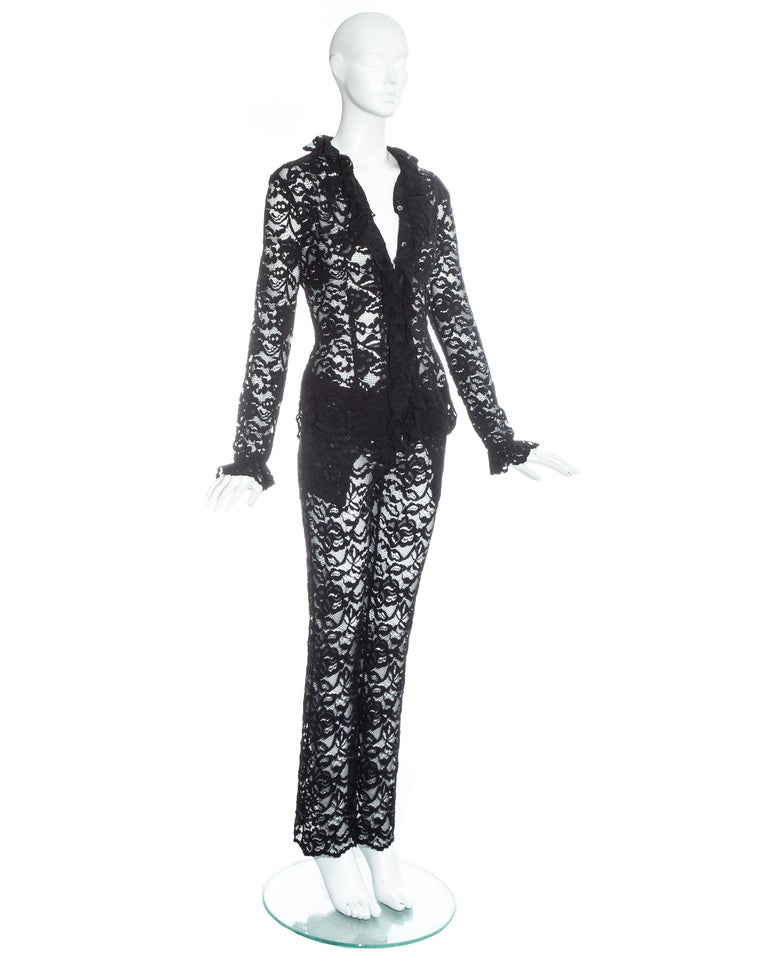 Alexander McQueen black lace ruffled blouse and pants ensemble, ss 1999 ...