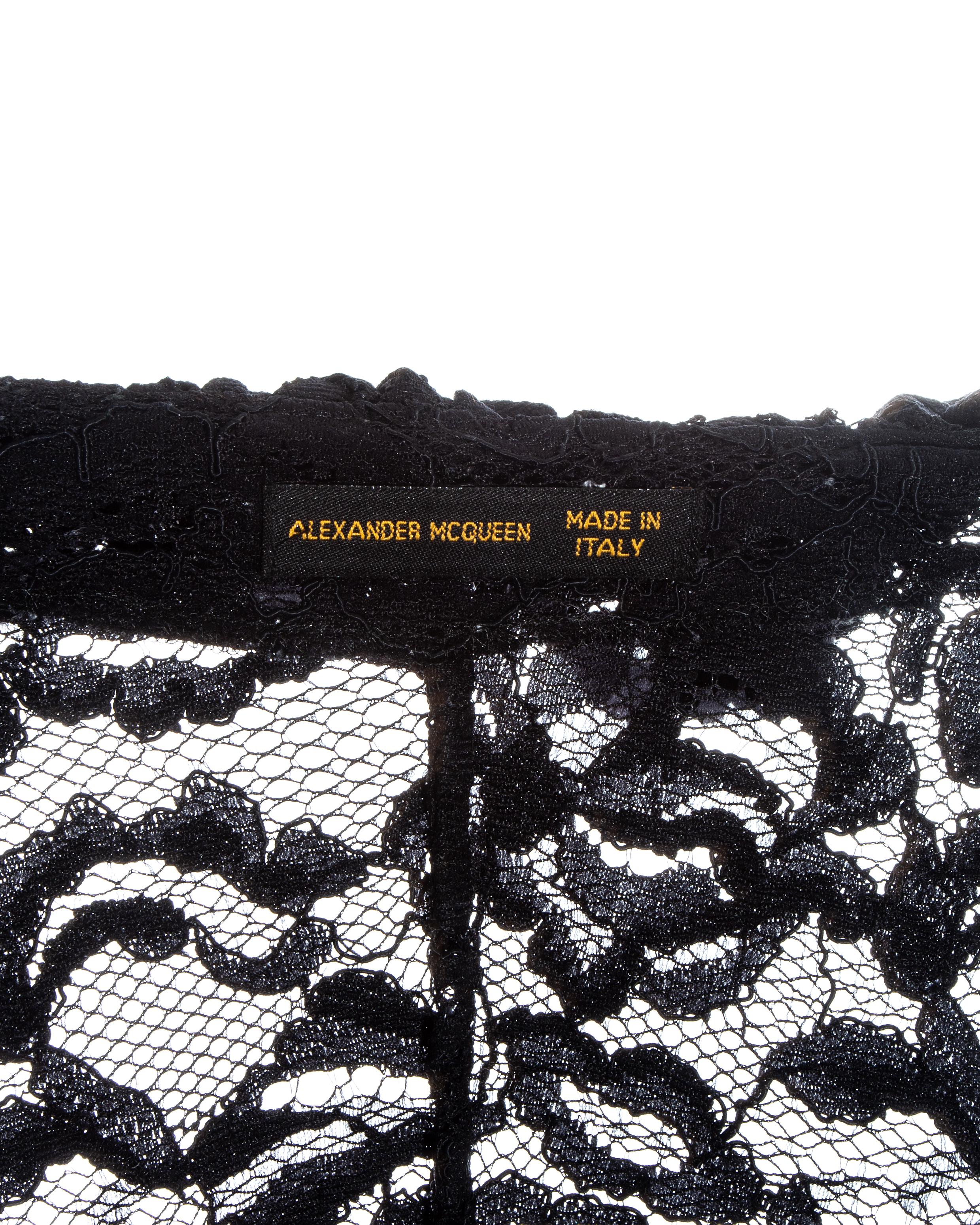 Women's Alexander McQueen black lace ruffled blouse and pants ensemble, ss 1999