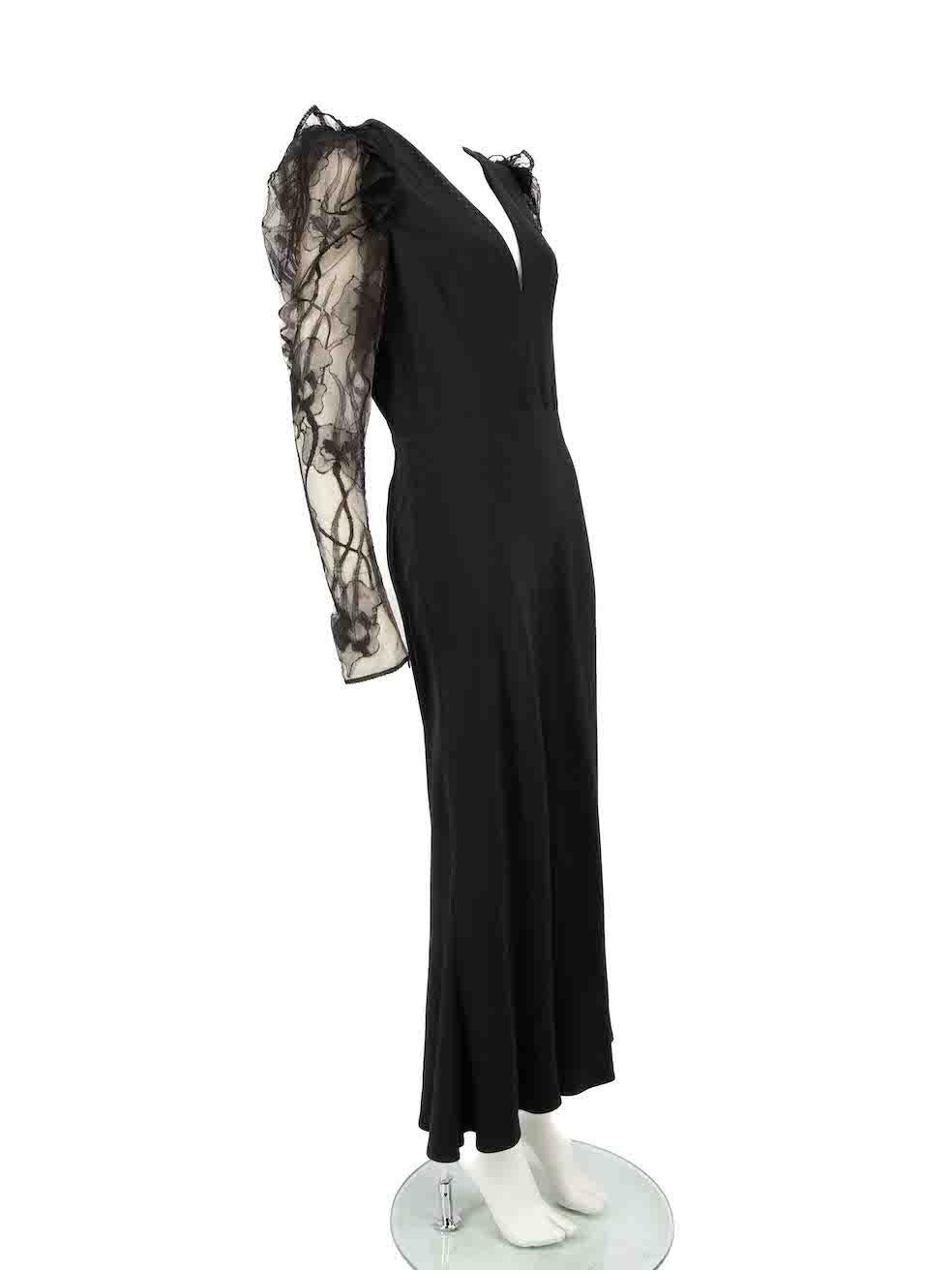 CONDITION is Very good. Minimal wear to dress is evident. Minimal small marks near the hem on this used Alexander McQueen designer resale item.
 
 
 
 Details
 
 
 Black
 
 Viscose
 
 Dress
 
 Maxi
 
 Long sheer lace sleeves
 
 Back zip and hook