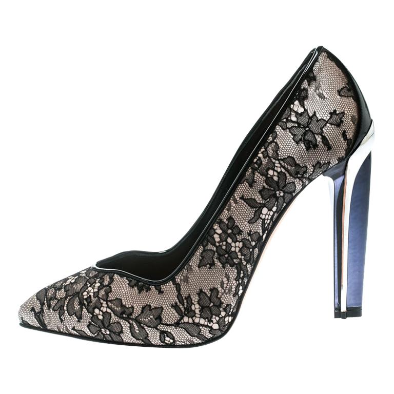 Alexander McQueen Black Lace With Blush Pink Satin Pointed Toe Pumps ...