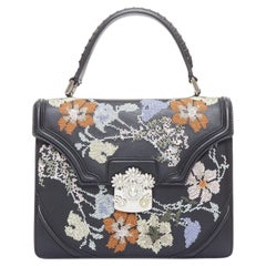 ALEXANDER MCQUEEN black lambskin leather floral embroidered 2 way satchel bag