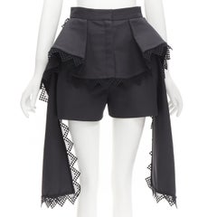 ALEXANDER MCQUEEN black lattice layered peplum high low draped shorts IT38 XS