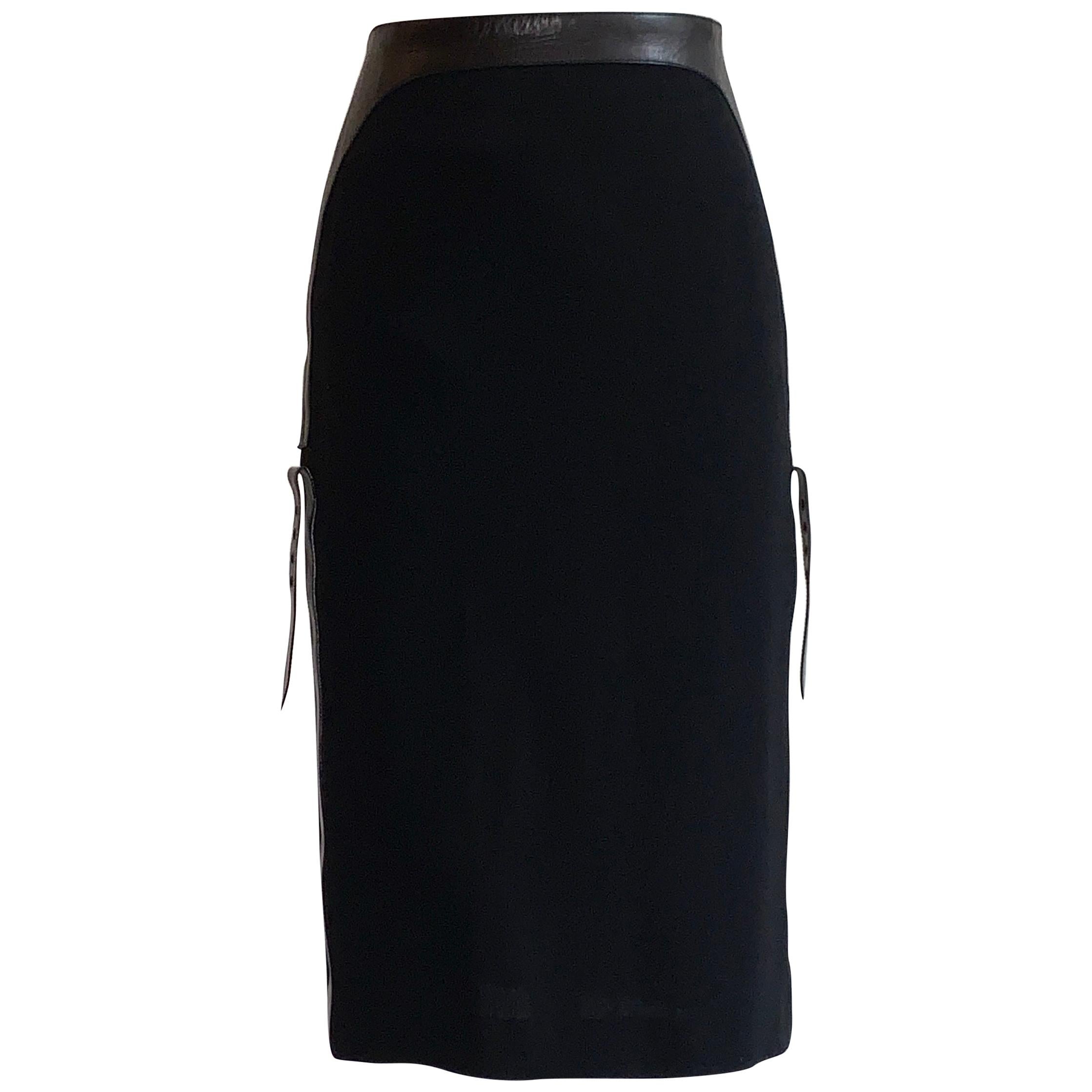 Alexander Mcqueen Black Leather Accent Pencil Skirt 