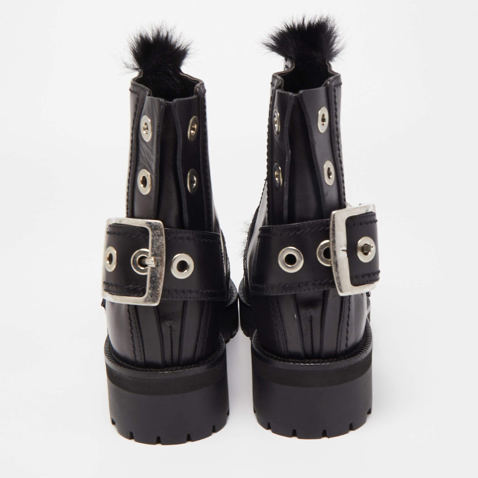 Alexander McQueen Black Leather and Fur Buckle Detail Ankle Boots  1