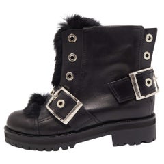 Alexander McQueen Black Leather and Fur Buckle Detail Ankle Boots 