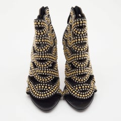 Alexander McQueen Black Leather and Studded Suede Open Toe Ankle Booties Size 36