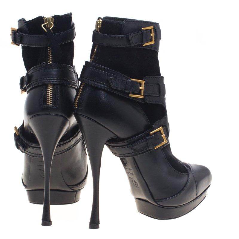 Alexander Mcqueen Black Leather and Suede Buckle Detail Ankle Boots Size 38 1