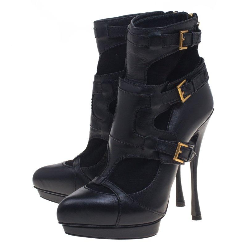 Alexander Mcqueen Black Leather and Suede Buckle Detail Ankle Boots Size 38 3