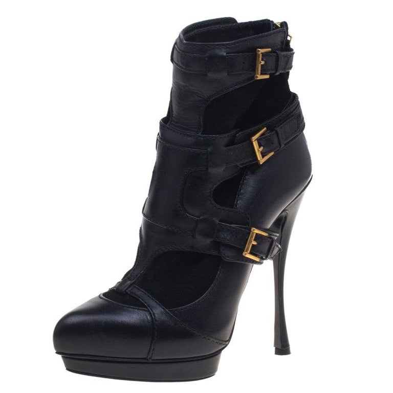Alexander Mcqueen Black Leather and Suede Buckle Detail Ankle Boots Size 38