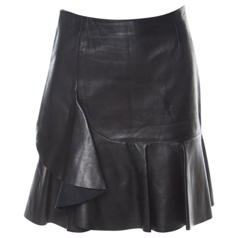 Alexander McQueen Black Leather Asymmetric Ruffle Short Skirt S