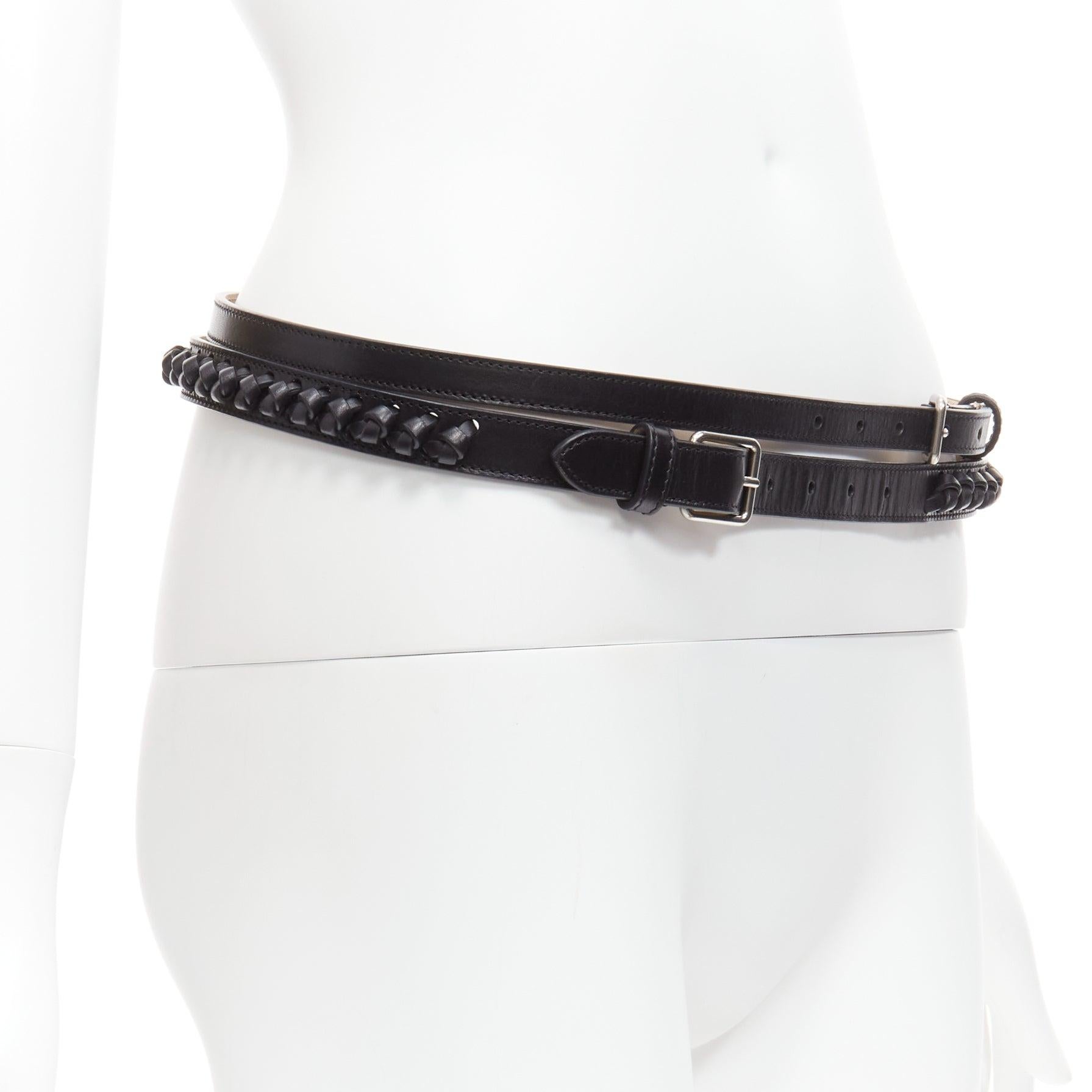 Black ALEXANDER MCQUEEN black leather braided detail double wrap belt 80cm For Sale