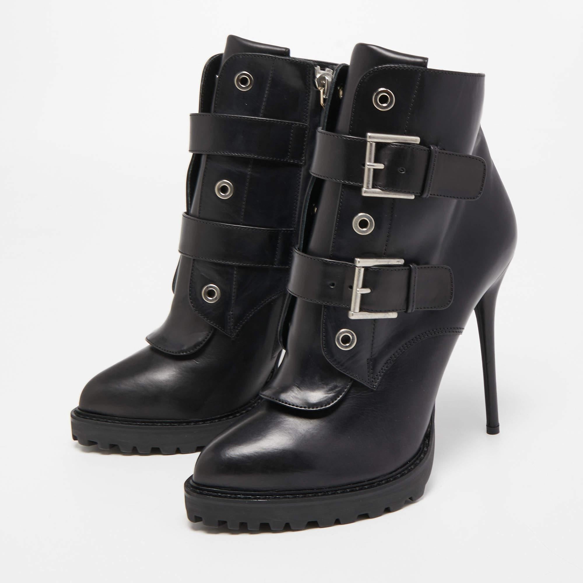 Women's Alexander McQueen Black Leather Buckle Detail Boots Size 40