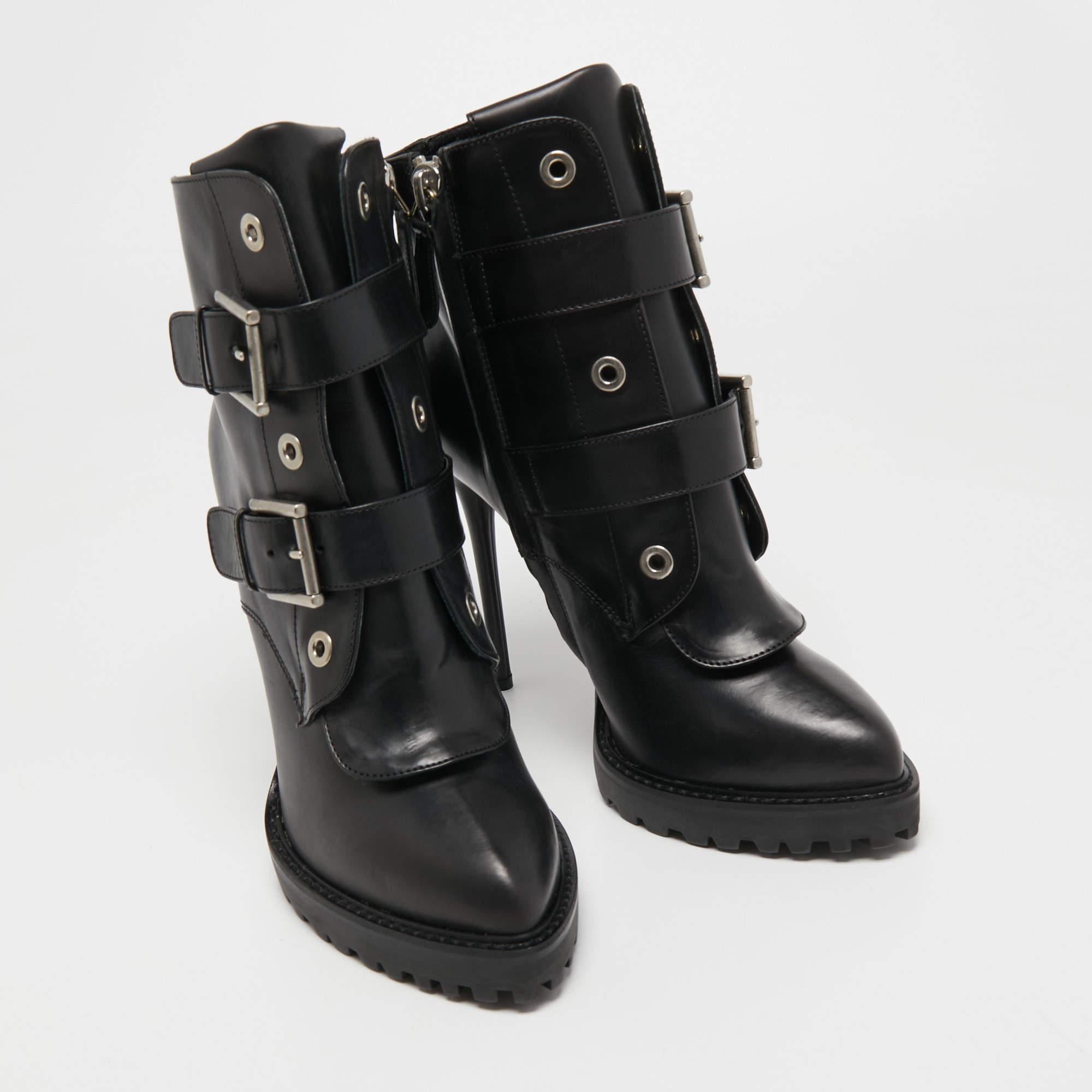 Alexander McQueen Black Leather Buckle Detail Platform Boots Size 40 1