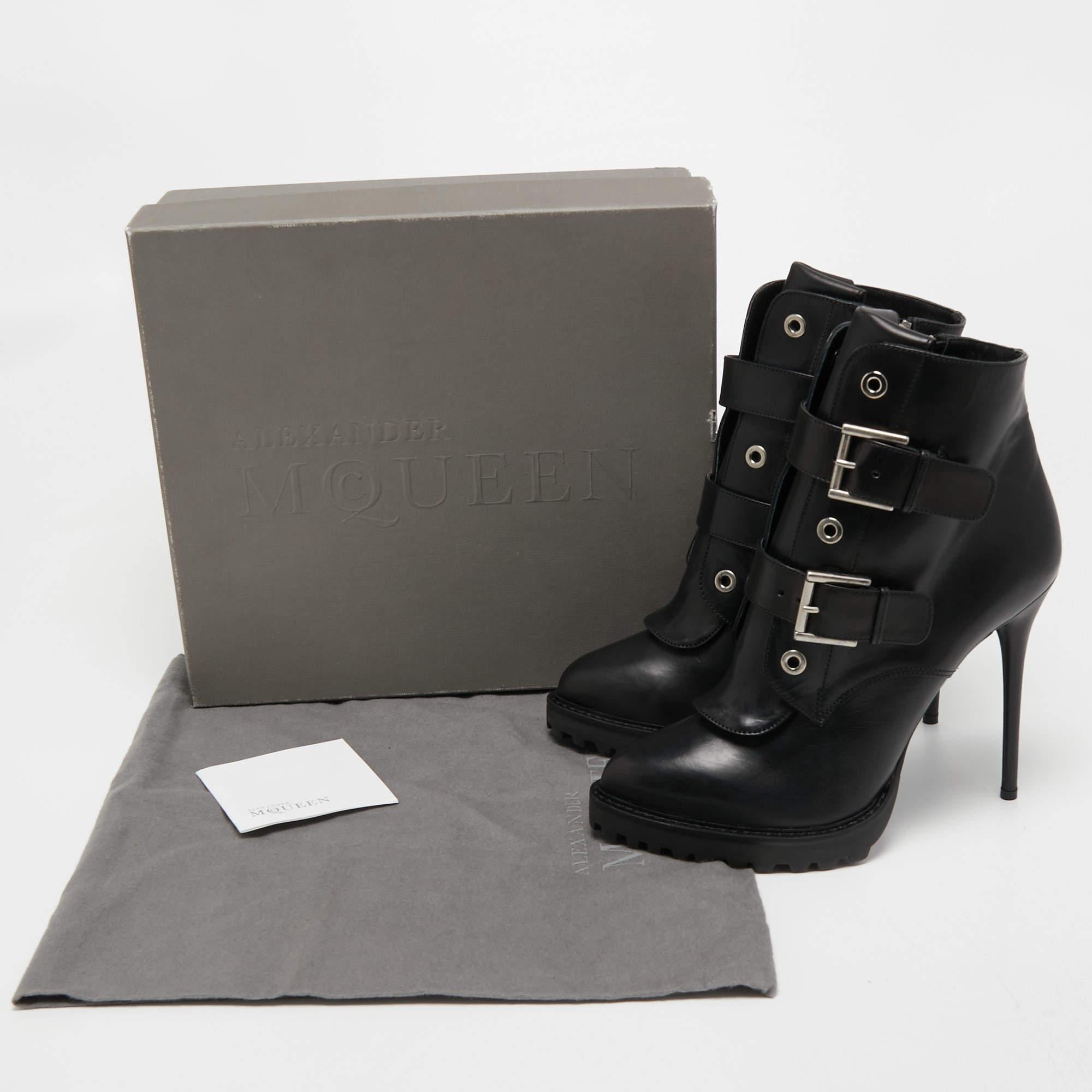 Alexander McQueen Black Leather Buckle Detail Platform Boots Size 40 2