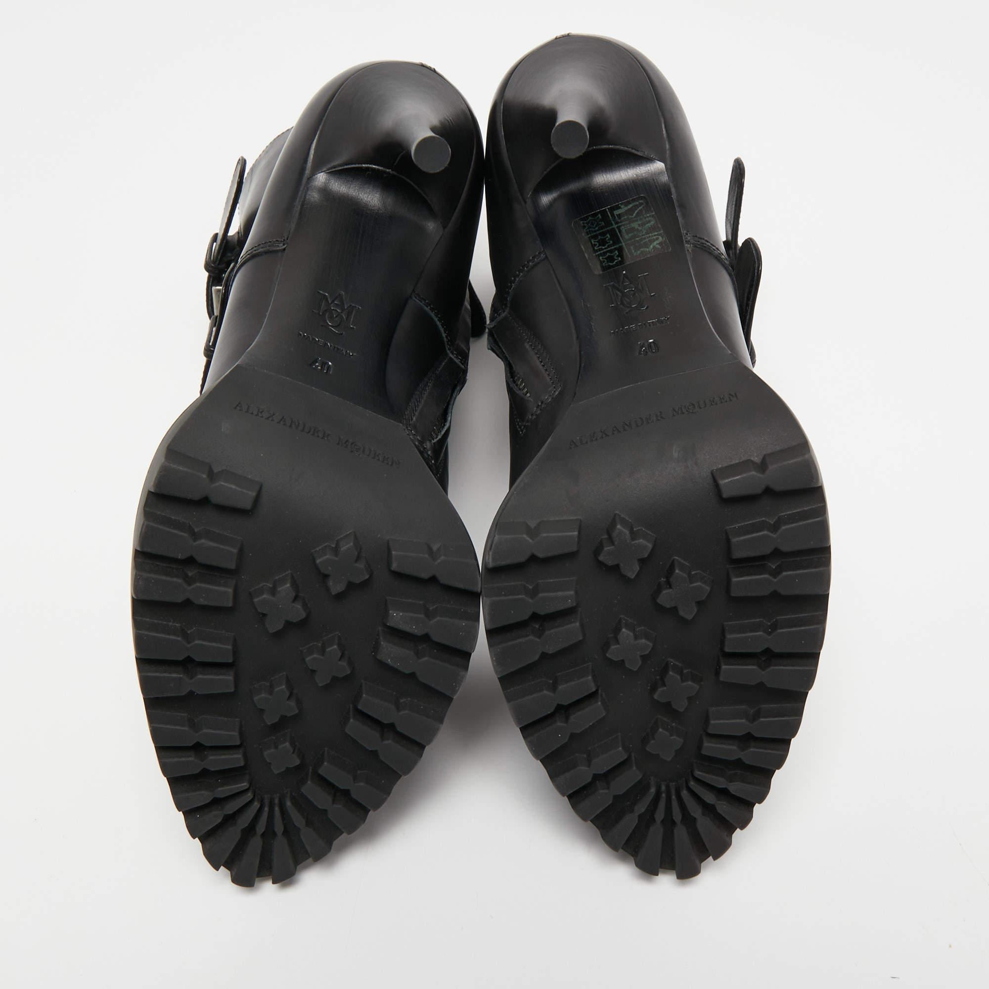 Alexander McQueen Black Leather Buckle Detail Platform Boots Size 40 5