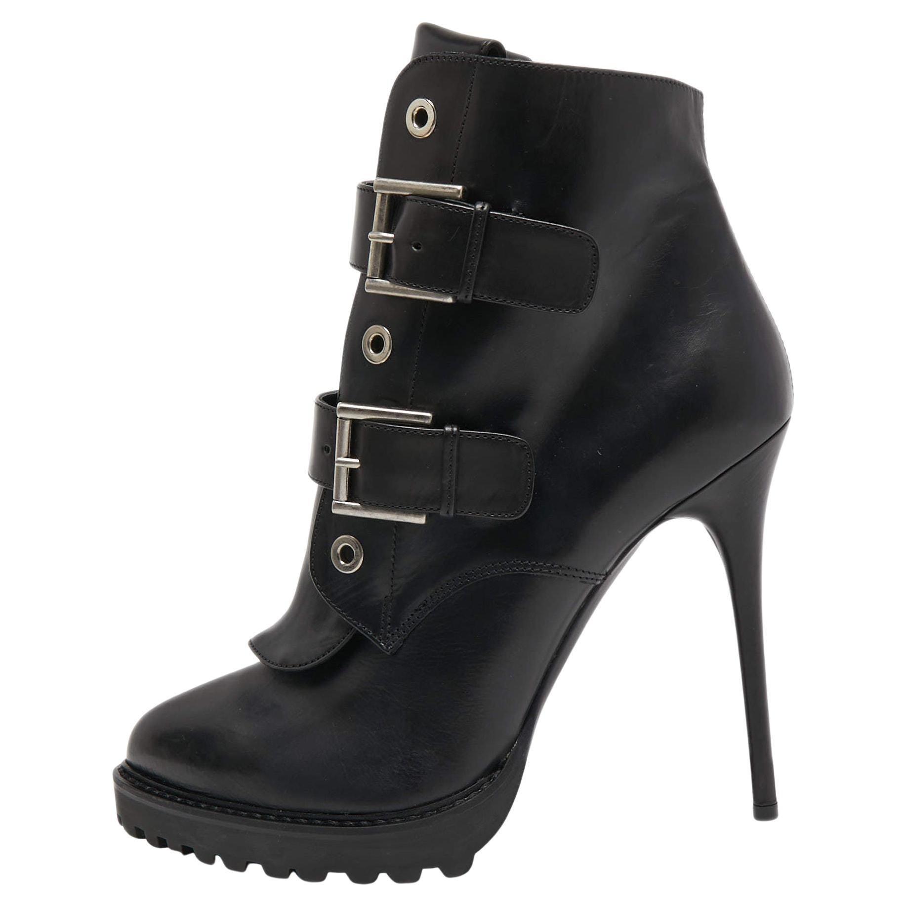 Alexander McQueen Black Leather Buckle Detail Platform Boots Size 40