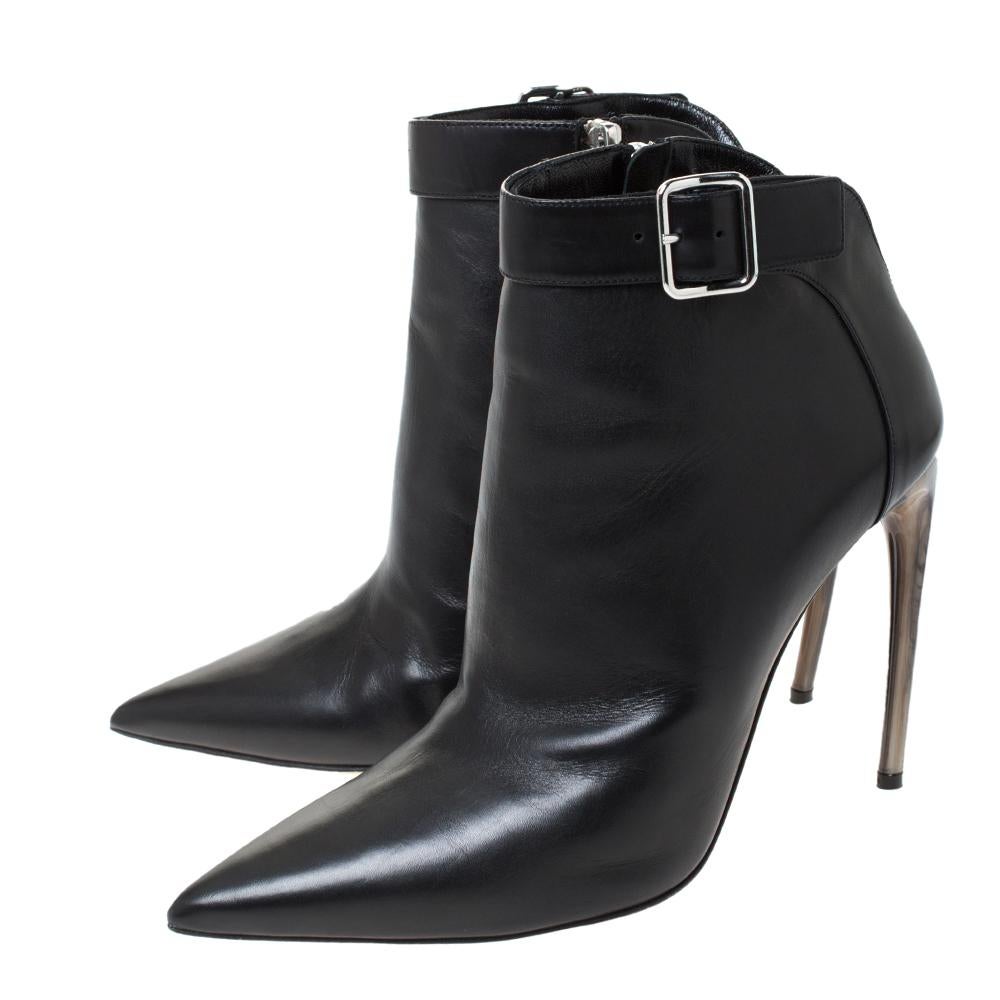 Alexander McQueen Black Leather Buckle Detail Pointed Toe Ankle Booties Size 40 2