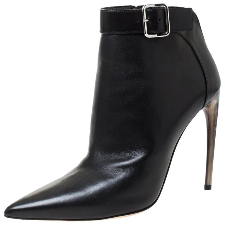 Alexander McQueen Black Leather Buckle Detail Pointed Toe Ankle Booties ...