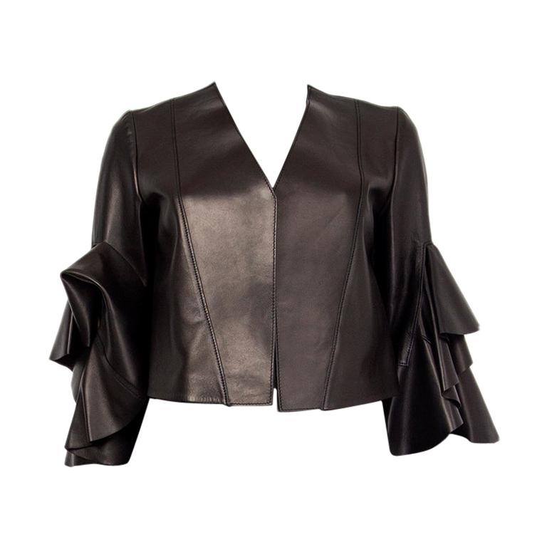 ALEXANDER MCQUEEN black LEATHER CROPPED RUFFLE Jacket 38 at 1stDibs
