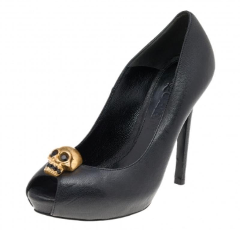 Alexander McQueen Black Leather Crystal Embellished Skull Peep Toe Pumps Size 35 2