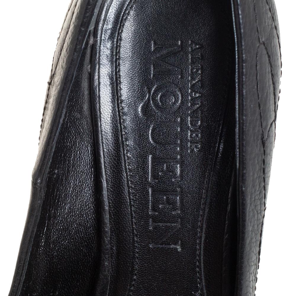 Women's Alexander McQueen Black Leather Crystal Embellished Skull Peep Toe Pumps Size 37