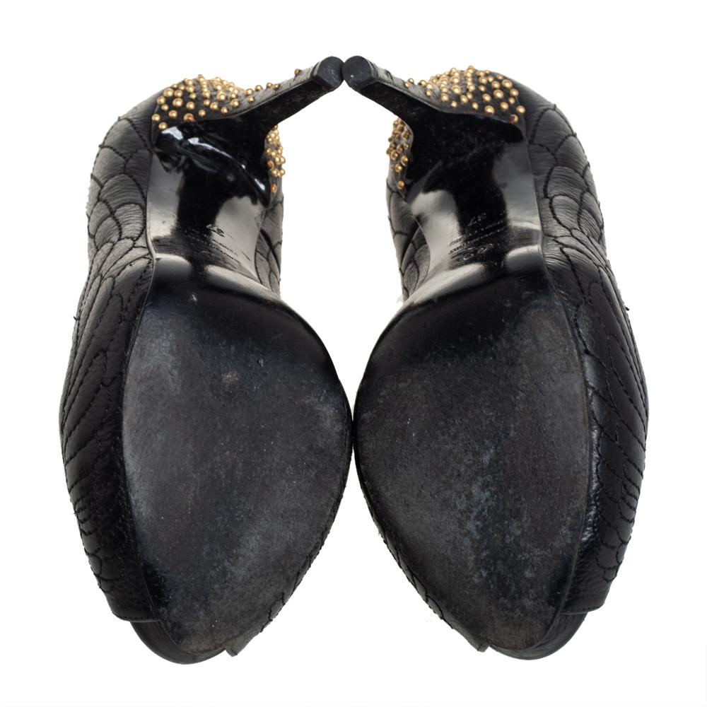 Alexander McQueen Black Leather Crystal Embellished Skull Peep Toe Pumps Size 37 1