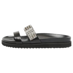 Alexander McQueen Black Leather Crystal Embellished Slides Size 38