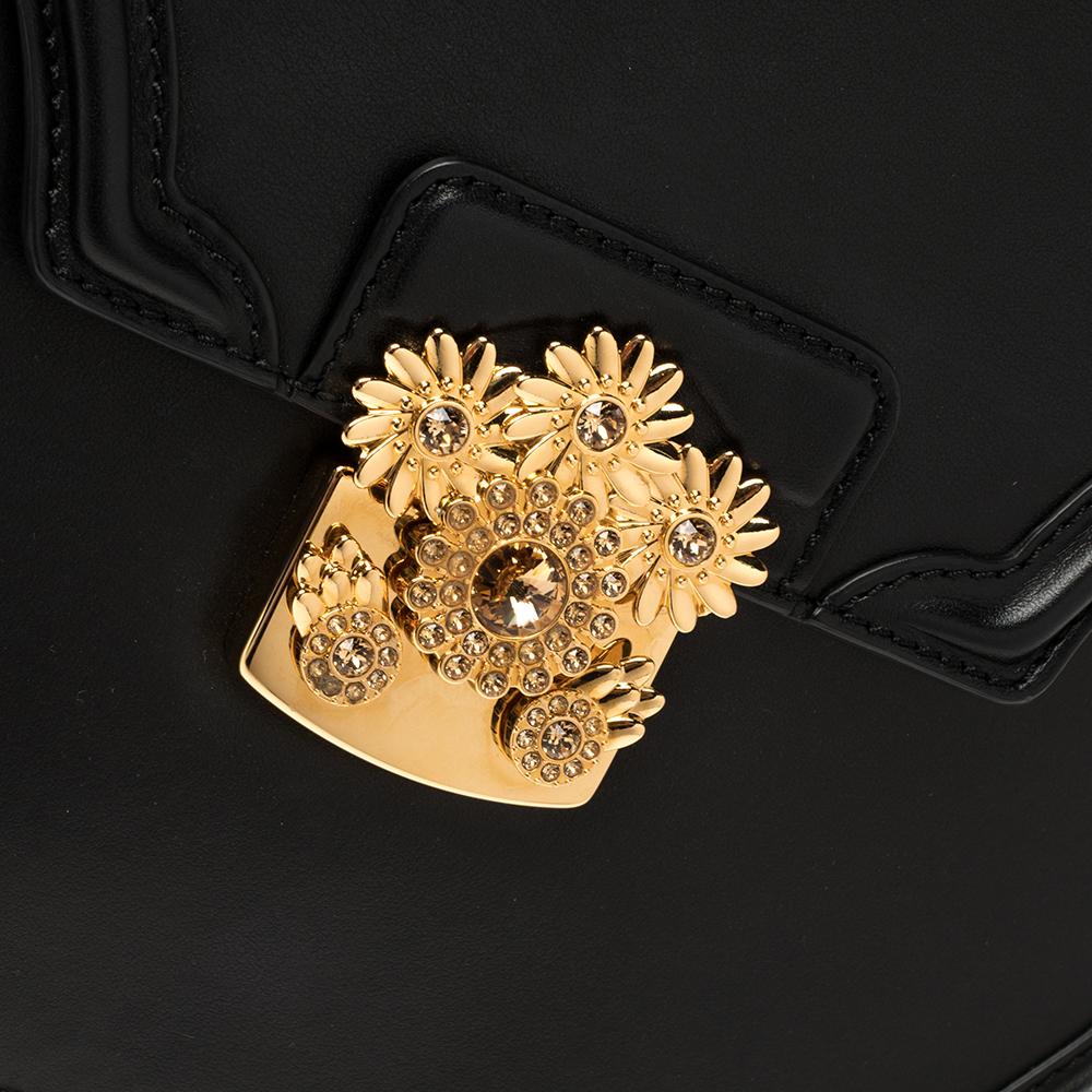 Alexander McQueen Black Leather Crystal Flower Clasp Top Handle Bag In Good Condition In Dubai, Al Qouz 2
