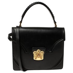 Alexander McQueen Black Leather Crystal Flower Clasp Top Handle Bag