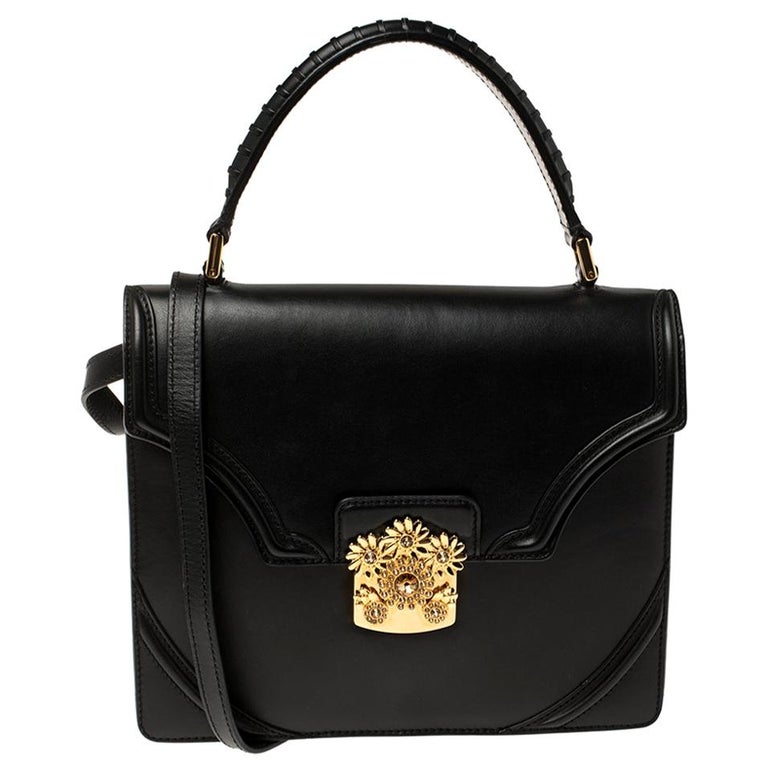 Alexander McQueen Black Leather Crystal Flower Clasp Top Handle Bag at ...