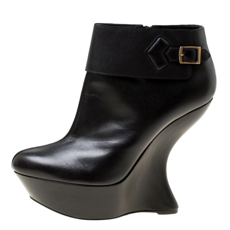 Women's Alexander McQueen Black Leather Curve Wedge Platform Ankle Boots Size 40