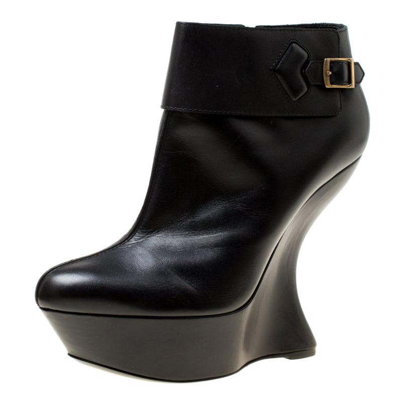 Alexander McQueen Black Leather Curve Wedge Platform Ankle Boots Size 40