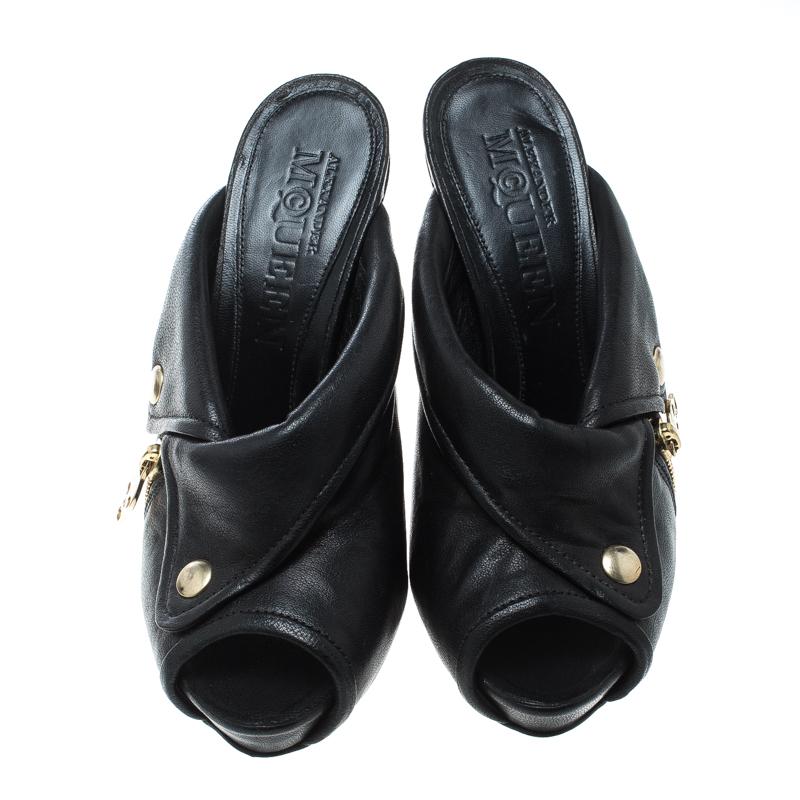 Women's Alexander McQueen Black Leather Dredge Peep Toe Platform Mule Sandals Size 37.5