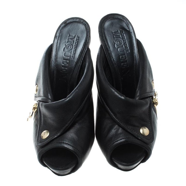 Alexander McQueen Black Leather Dredge Peep Toe Platform Mule Sandals ...