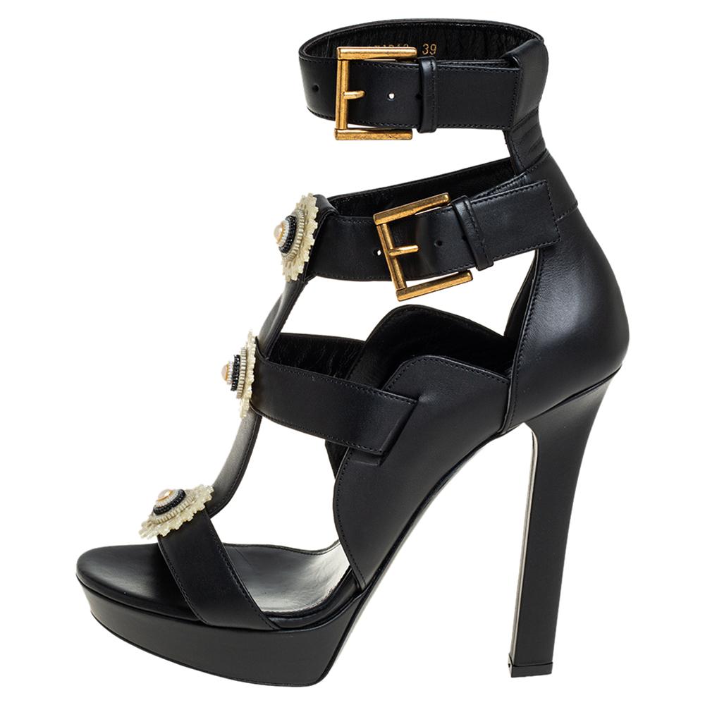 Alexander McQueen Black Leather Embellished Platform Strappy Sandals Size 39