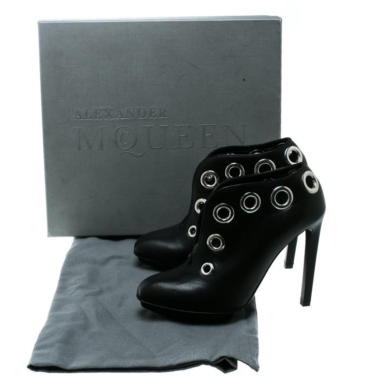 Alexander McQueen Black Leather Eyelet Detail V Neck Platform Booties Size 36 4