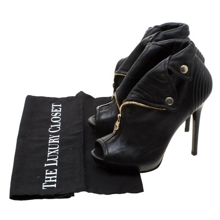 Alexander McQueen Black Leather Faithful Skull Peep Toe Ankle Boots