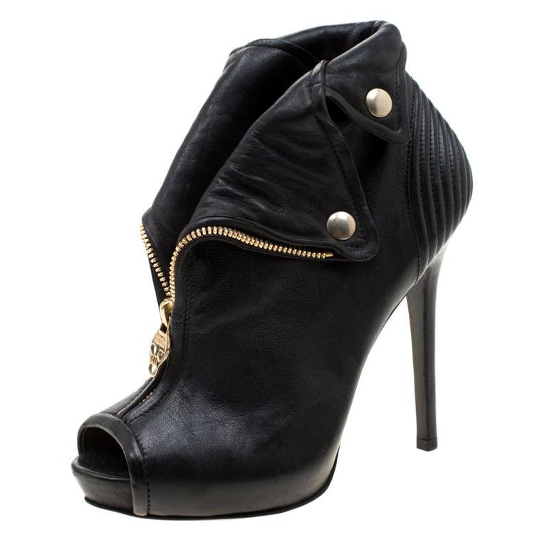 Alexander McQueen Black Leather Faithful Skull Peep Toe Ankle Boots ...