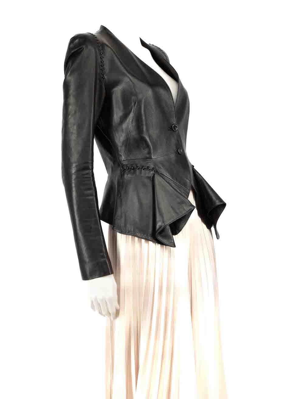 CONDITION is Very good. Hardly any visible wear to jacket is evident on this used Alexander McQueen designer resale item.
 
 
 
 Details
 
 
 Black
 
 Leather
 
 Jacket
 
 Whipstitch detail
 
 Flared hem
 
 Shoulder pads
 
 Button up fastening
 
 
