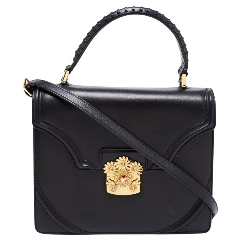 Alexander McQueen Black Leather Floral Crystal Embellished Flap Top