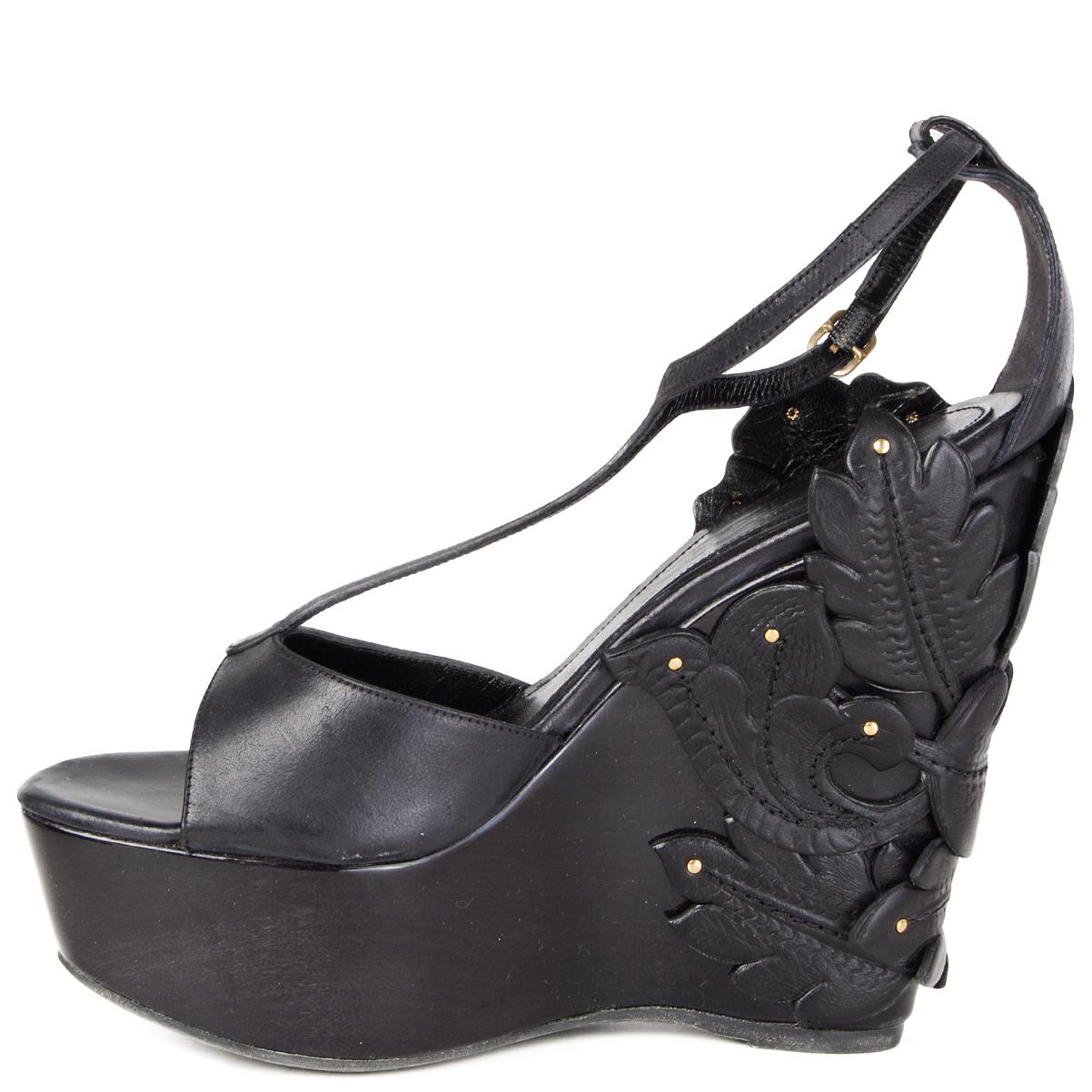 ALEXANDER MCQUEEN Sandalias de cuña con plataforma FLORAL de cuero negro 36 Negro en venta