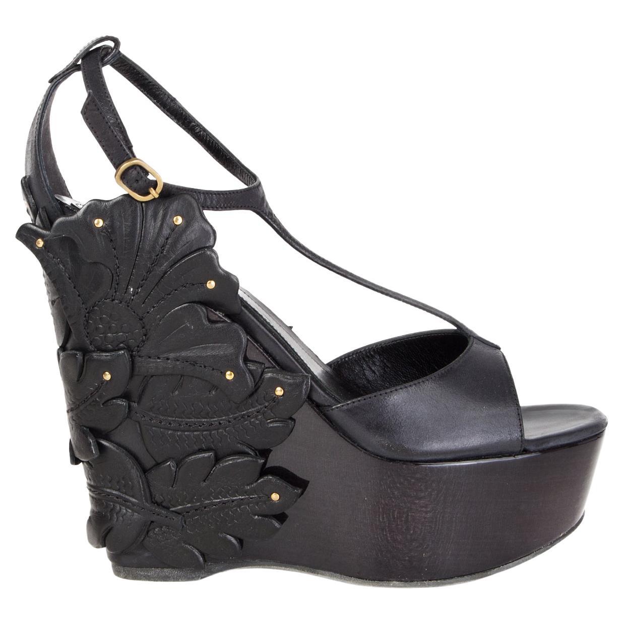 ALEXANDER MCQUEEN black leather FLORAL Platform Wedge Sandals Shoes 36 For Sale