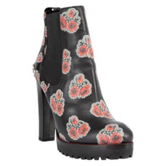 Alexander McQueen Black Leather Floral Studded Boots Size IT 39