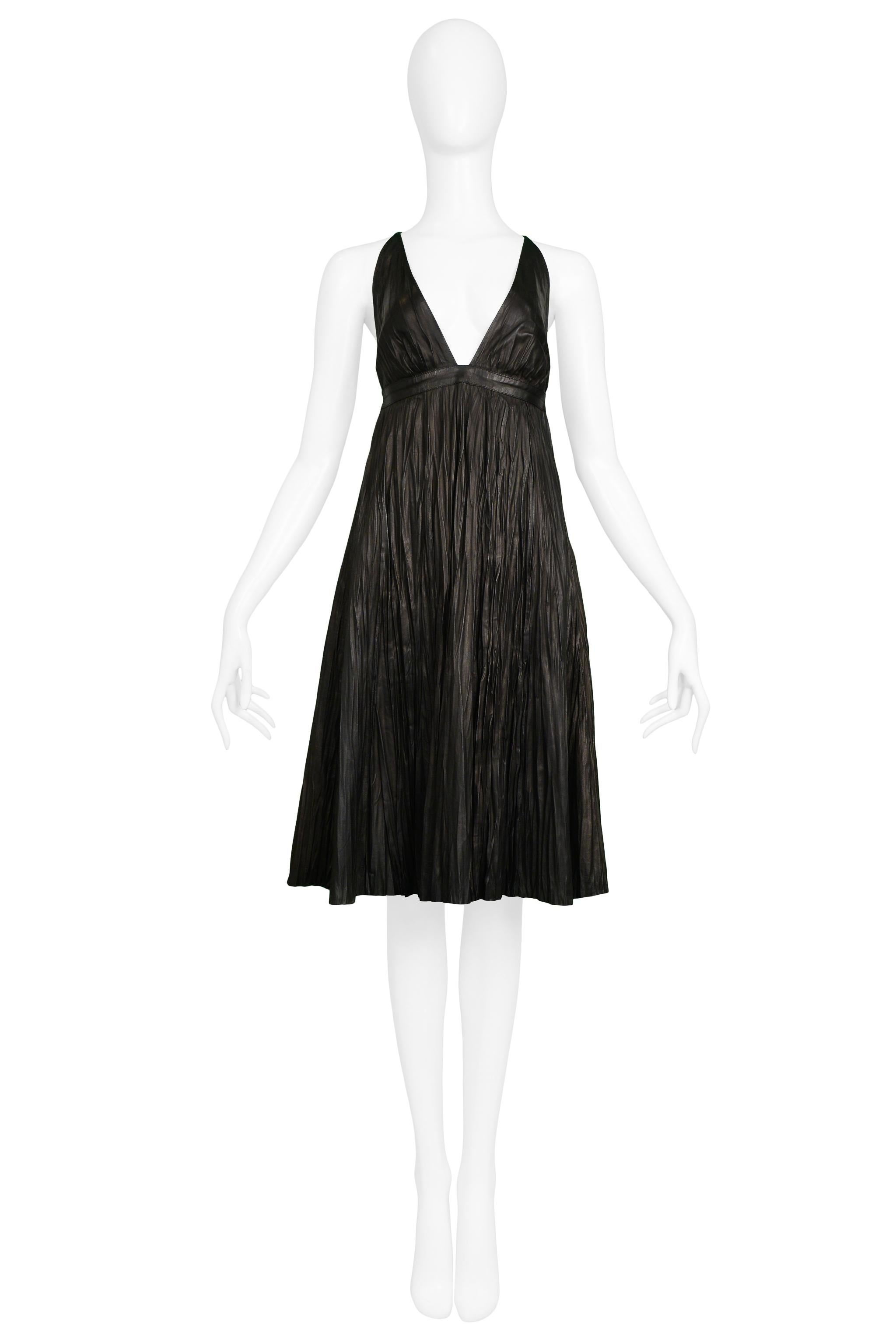 Alexander Mcqueen Black Leather Fortuny Style Crinkle Dress 2006 In Excellent Condition For Sale In Los Angeles, CA