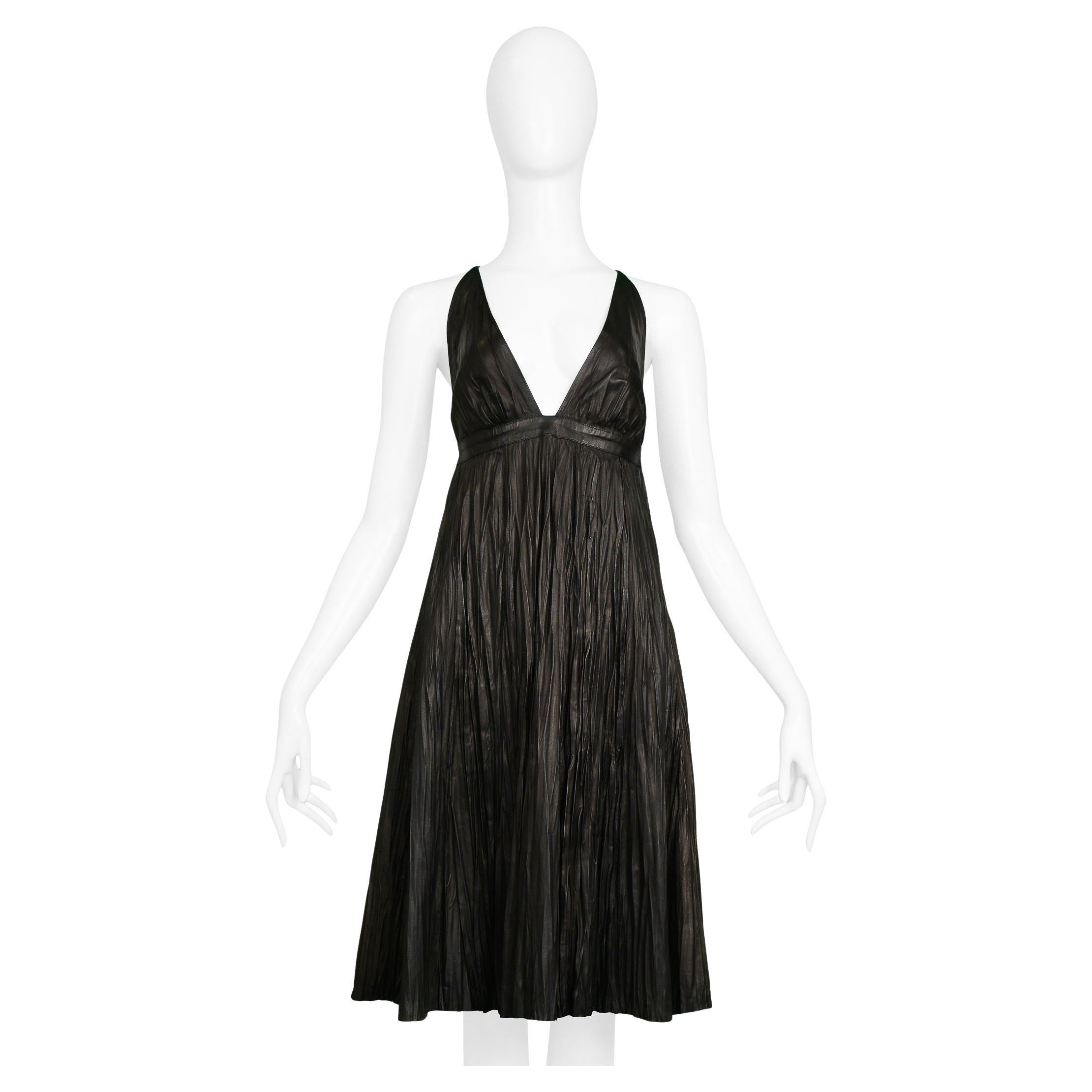 Alexander Mcqueen Black Leather Fortuny Style Crinkle Dress 2006 For Sale