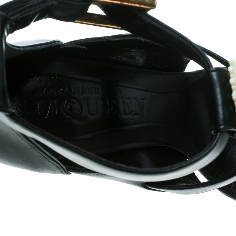 Alexander McQueen Black Leather French Gloss Platform Strappy Sandals Size 38.5 2