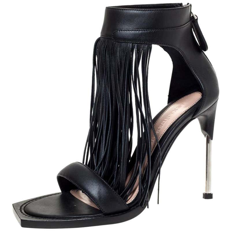 Alexander McQueen Black Leather Fringe Detail Sandals Size 38 at 1stDibs