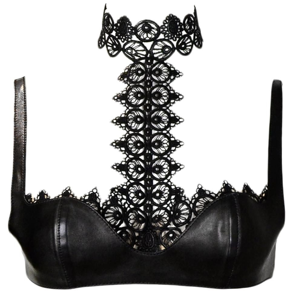Alexander McQueen Black Leather Halter-Neck Bra Top with Lace Detail